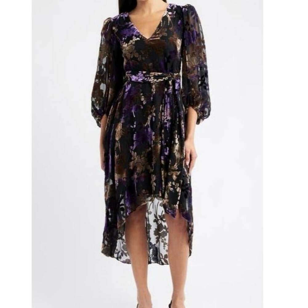 Eliza J black velvet midi dress high low burnout long sleeve gothic dark floral